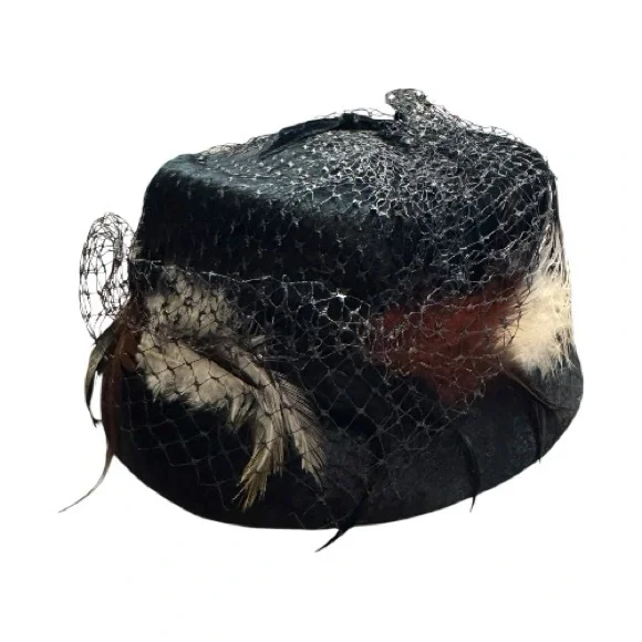Vtg 1940s Velvet Pillbox Hat Feather Birdcage Veil Union USA Kentucky Derby - Picture 5 of 12